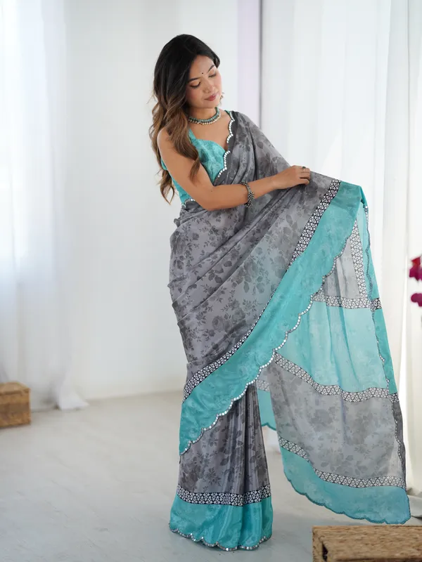Grey Floral Heavy Chinnon Saree with Kutchi Mirror Lace