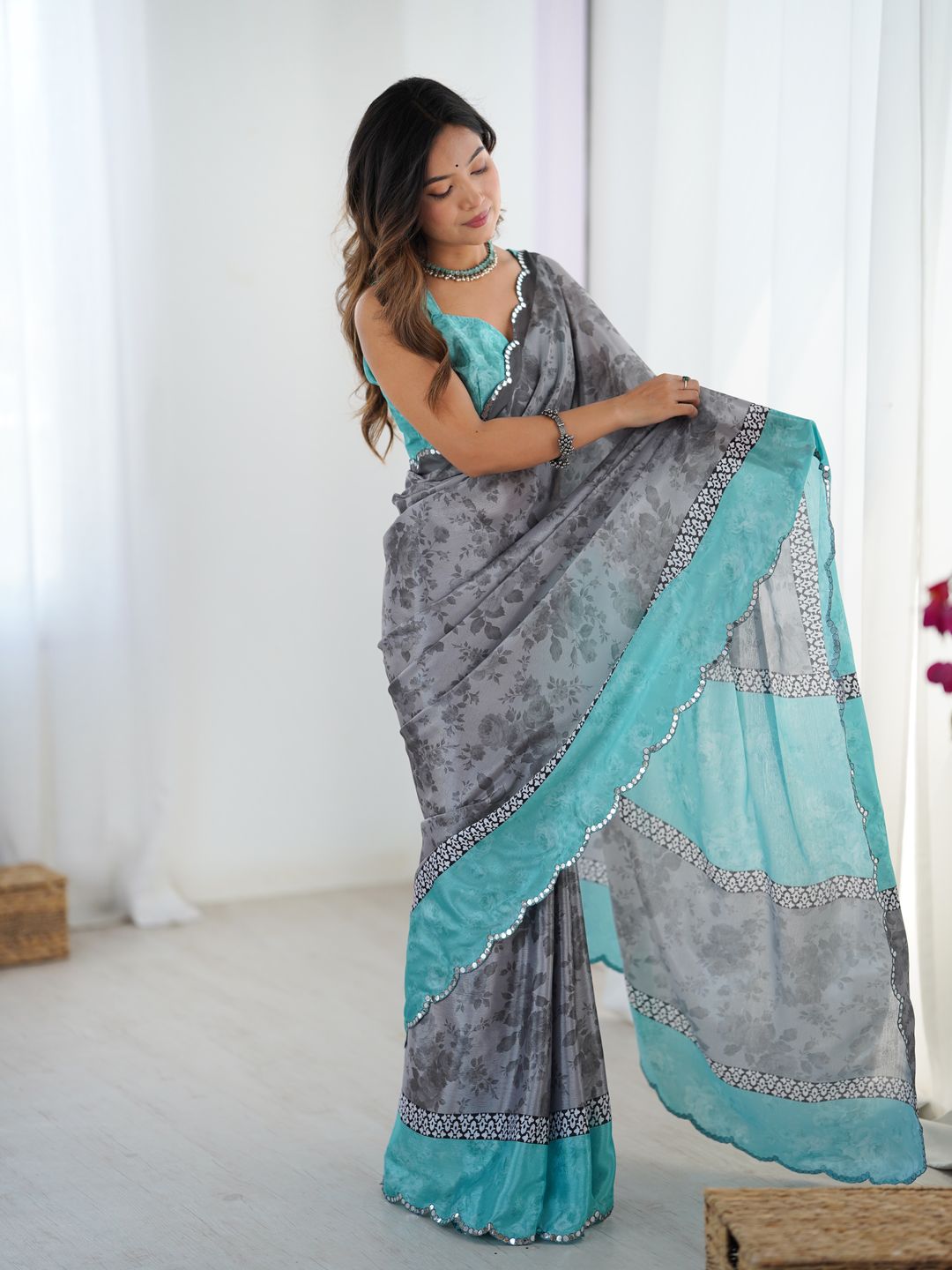 Grey Floral Heavy Chinnon Saree with Kutchi Mirror Lace