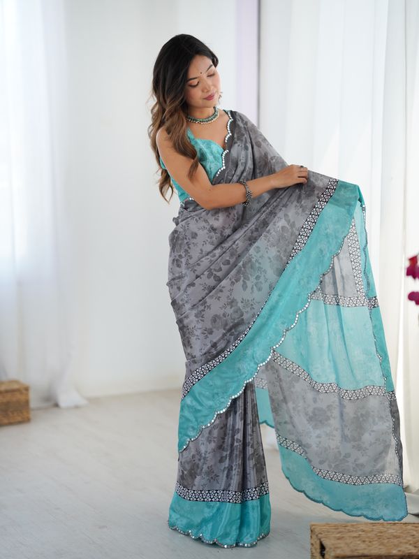 Grey Floral Heavy Chinnon Saree with Kutchi Mirror Lace