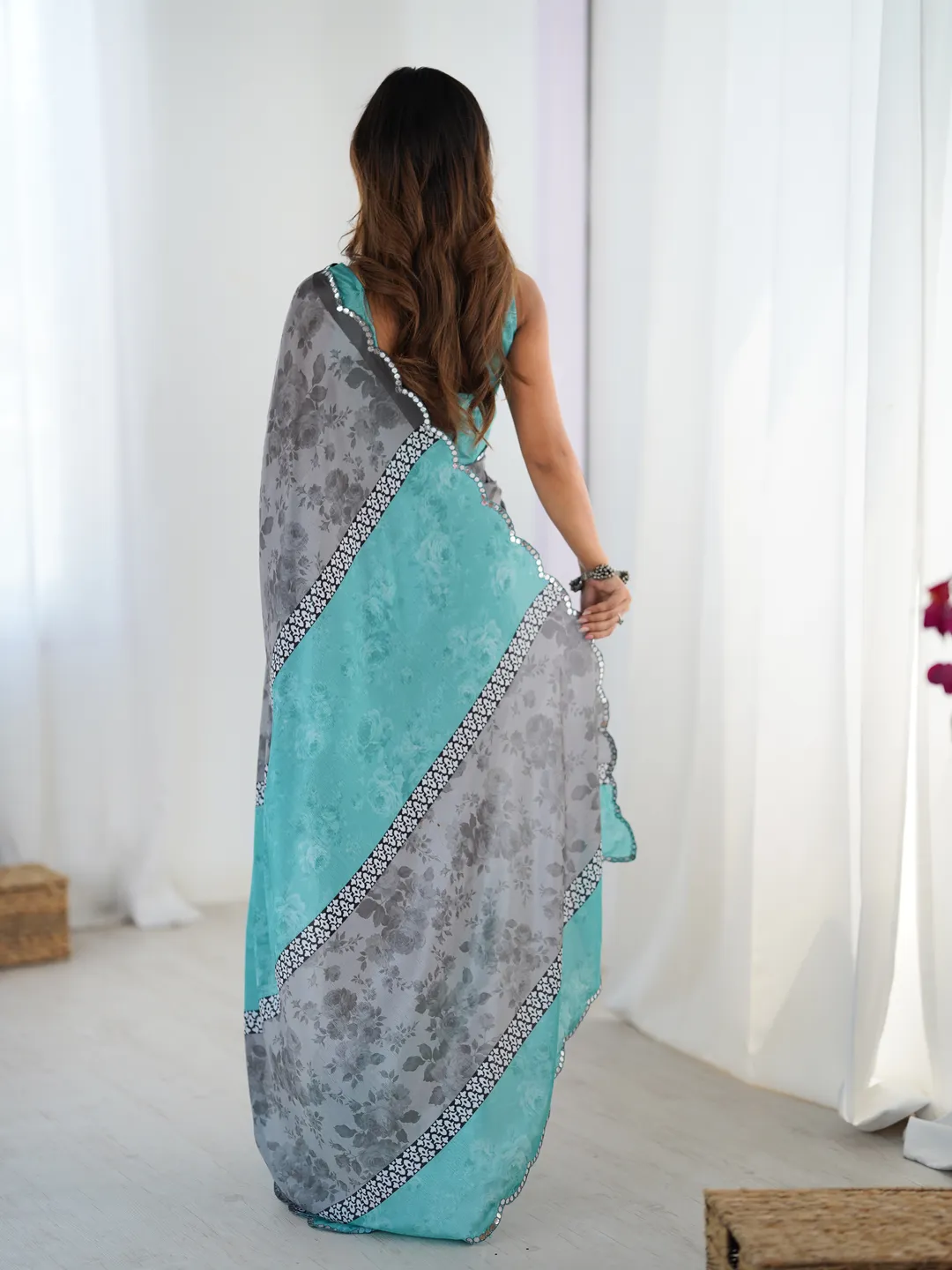 Grey Floral Heavy Chinnon Saree with Kutchi Mirror Lace