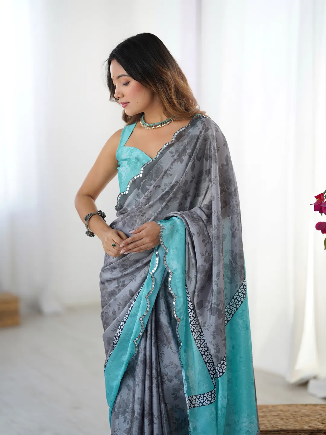 Grey Floral Heavy Chinnon Saree with Kutchi Mirror Lace