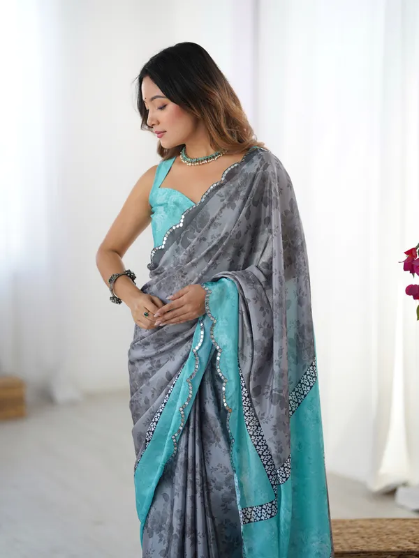 Grey Floral Heavy Chinnon Saree with Kutchi Mirror Lace