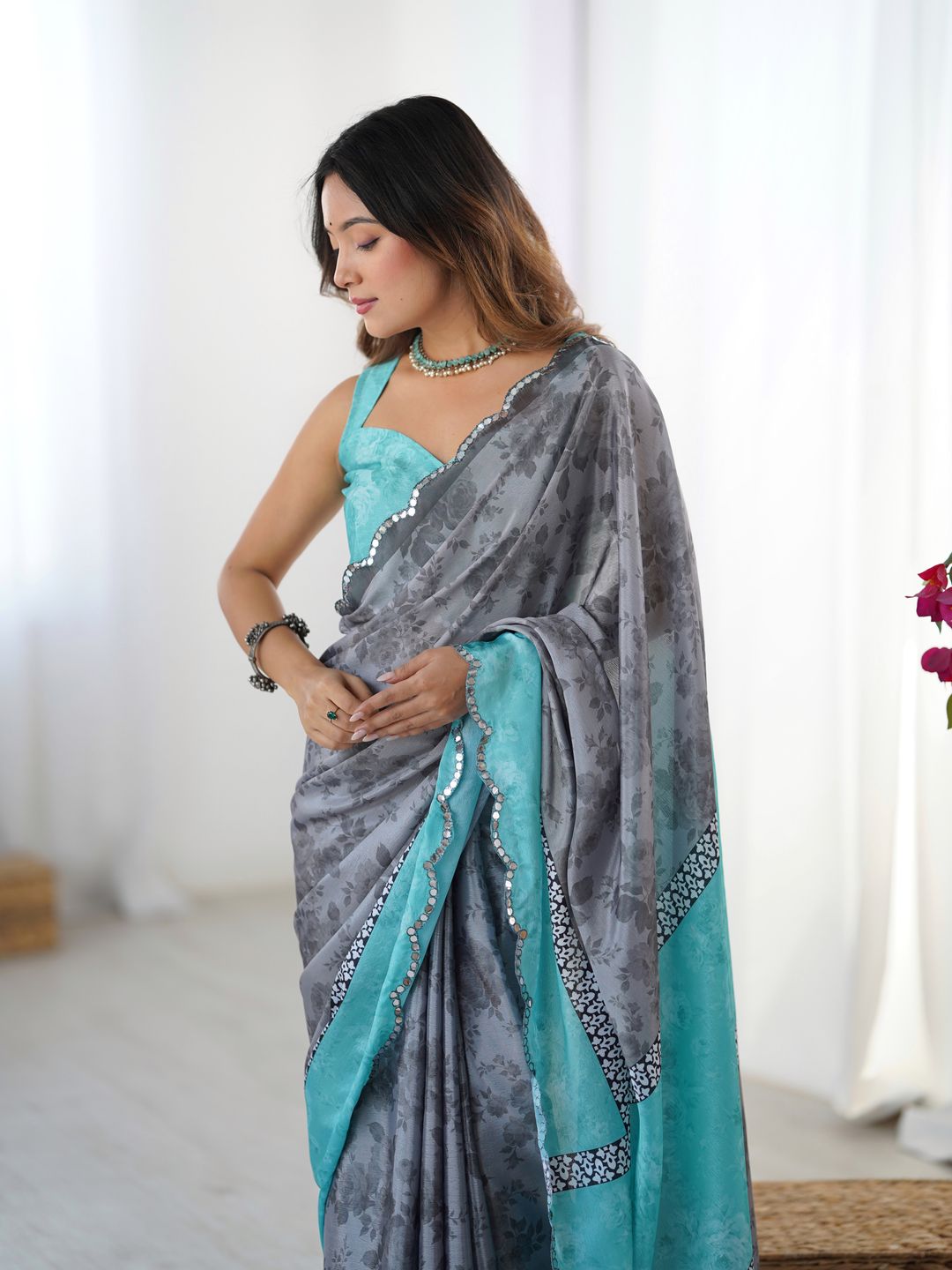 Grey Floral Heavy Chinnon Saree with Kutchi Mirror Lace