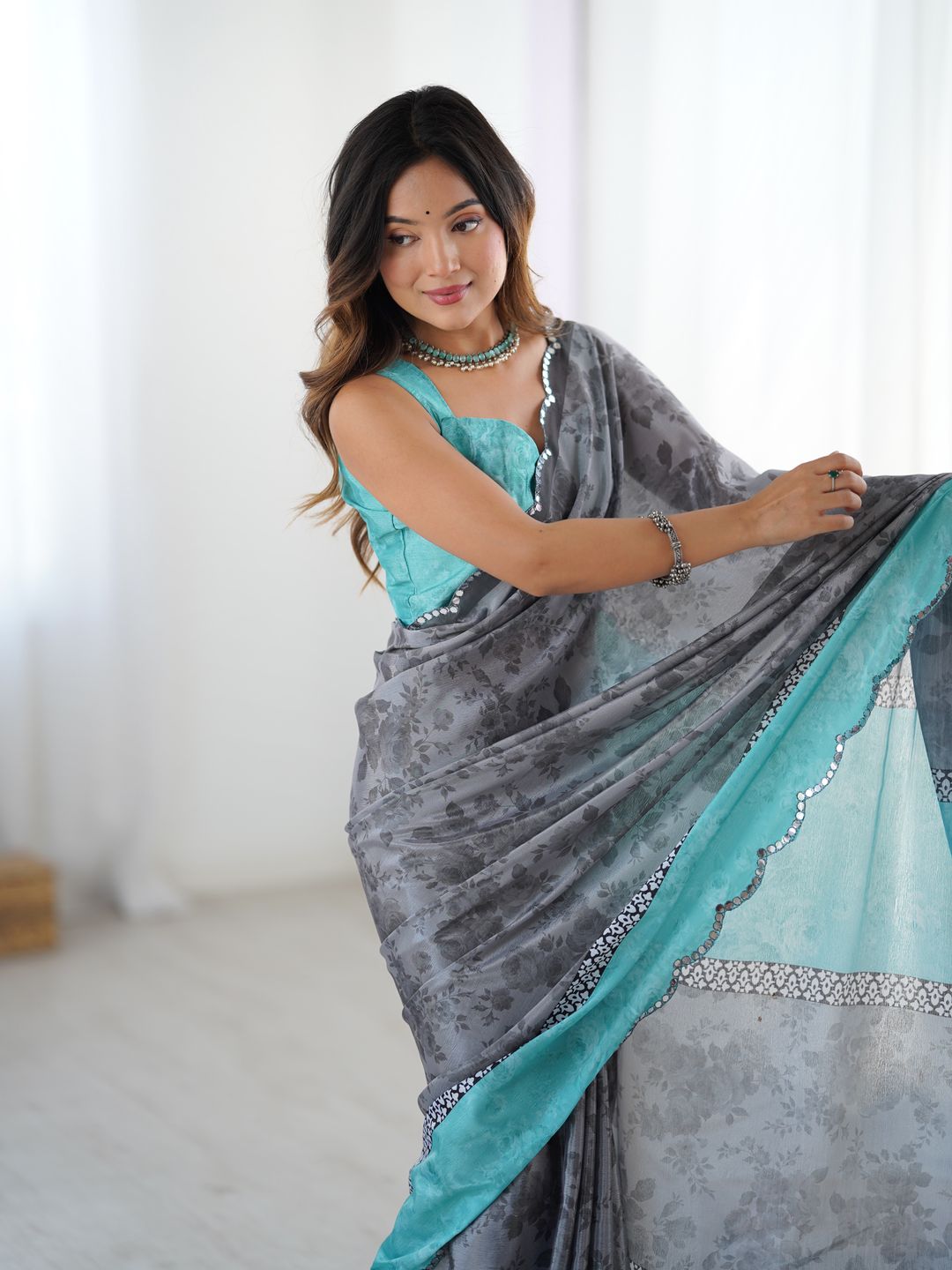 Grey Floral Heavy Chinnon Saree with Kutchi Mirror Lace