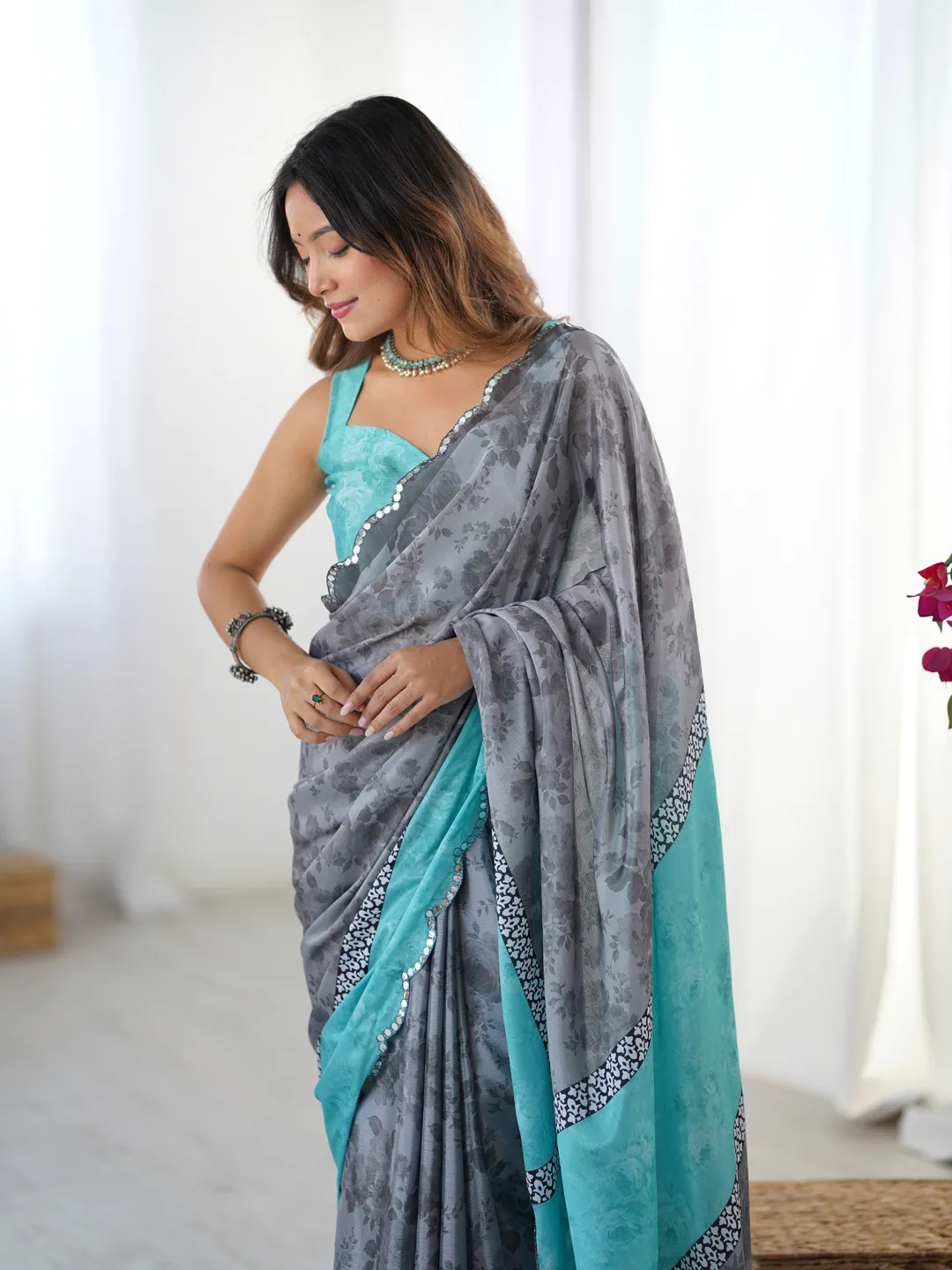 Grey Floral Heavy Chinnon Saree with Kutchi Mirror Lace