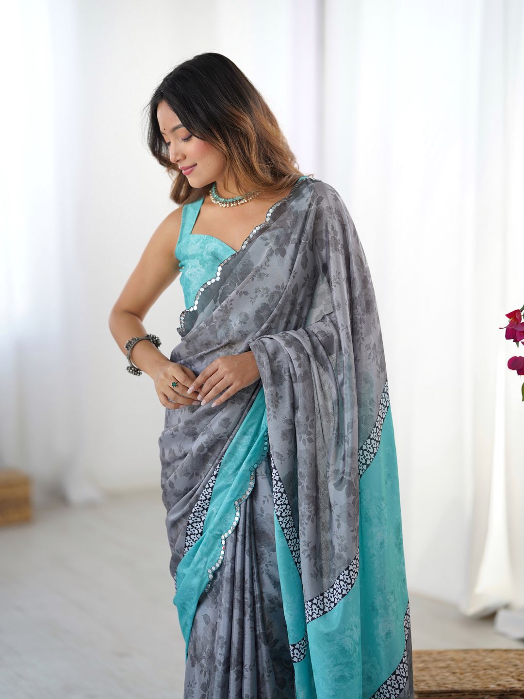 Grey Floral Heavy Chinnon Saree with Kutchi Mirror Lace