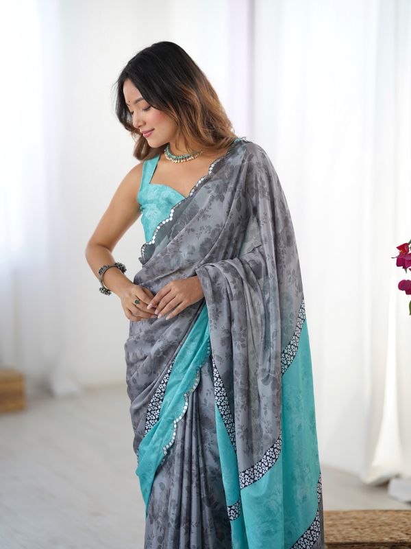 Grey Floral Heavy Chinnon Saree with Kutchi Mirror Lace