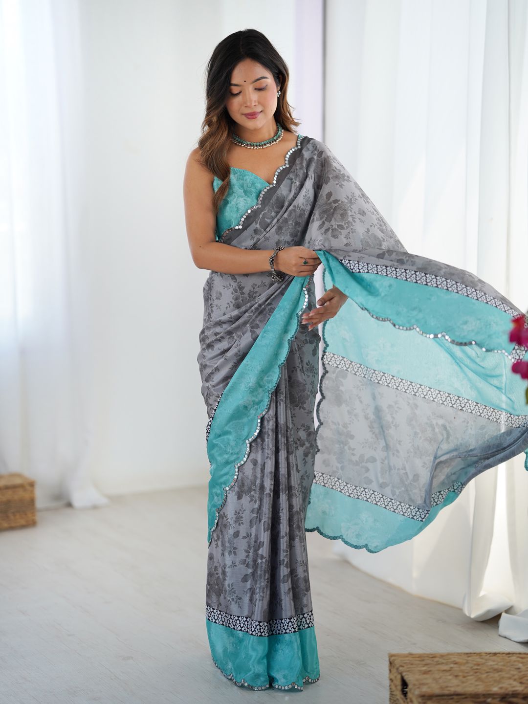 Grey Floral Heavy Chinnon Saree with Kutchi Mirror Lace