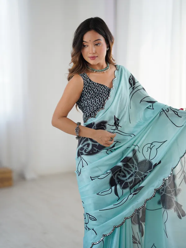 Elegant Mint Green Saree with Kutchi Mirror Lace