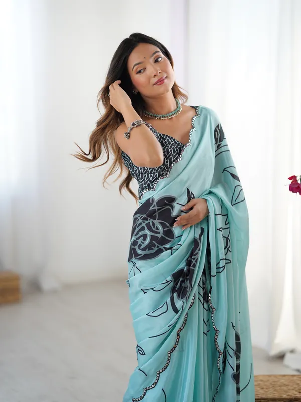 Elegant Mint Green Saree with Kutchi Mirror Lace