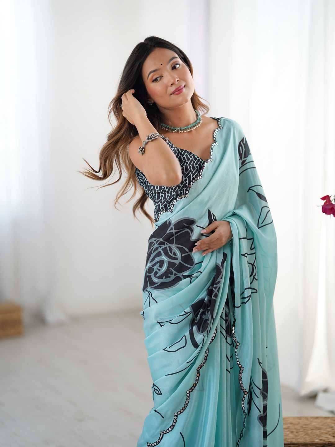 Elegant Mint Green Saree with Kutchi Mirror Lace