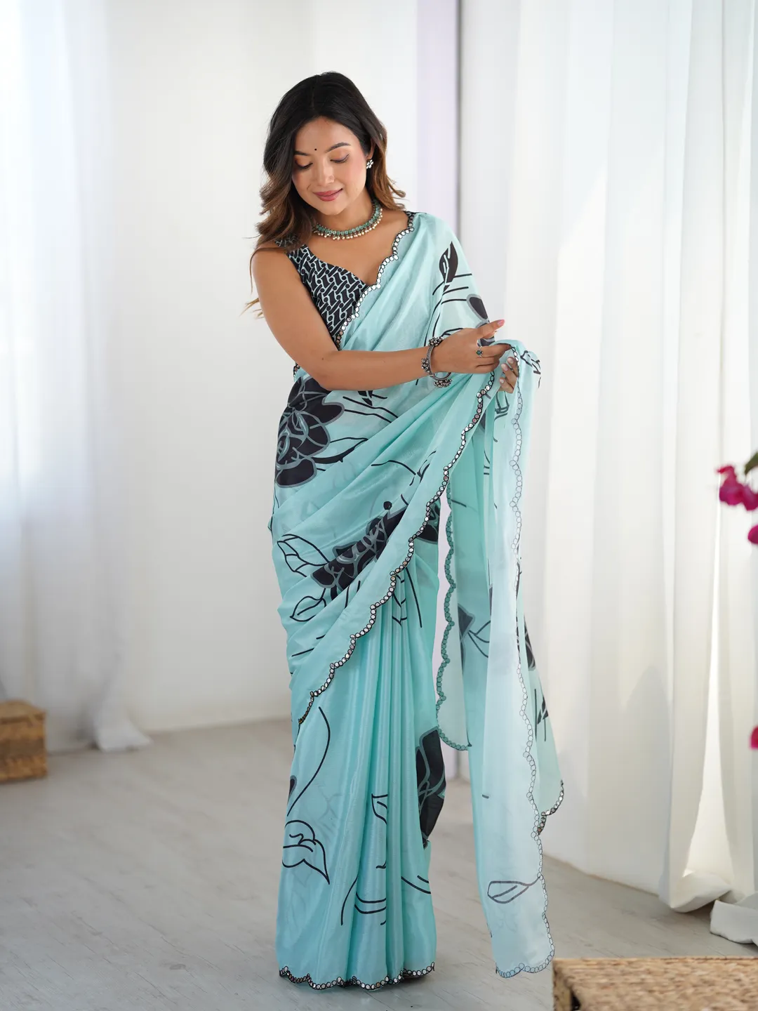 Elegant Mint Green Saree with Kutchi Mirror Lace
