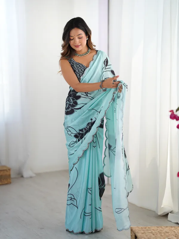 Elegant Mint Green Saree with Kutchi Mirror Lace
