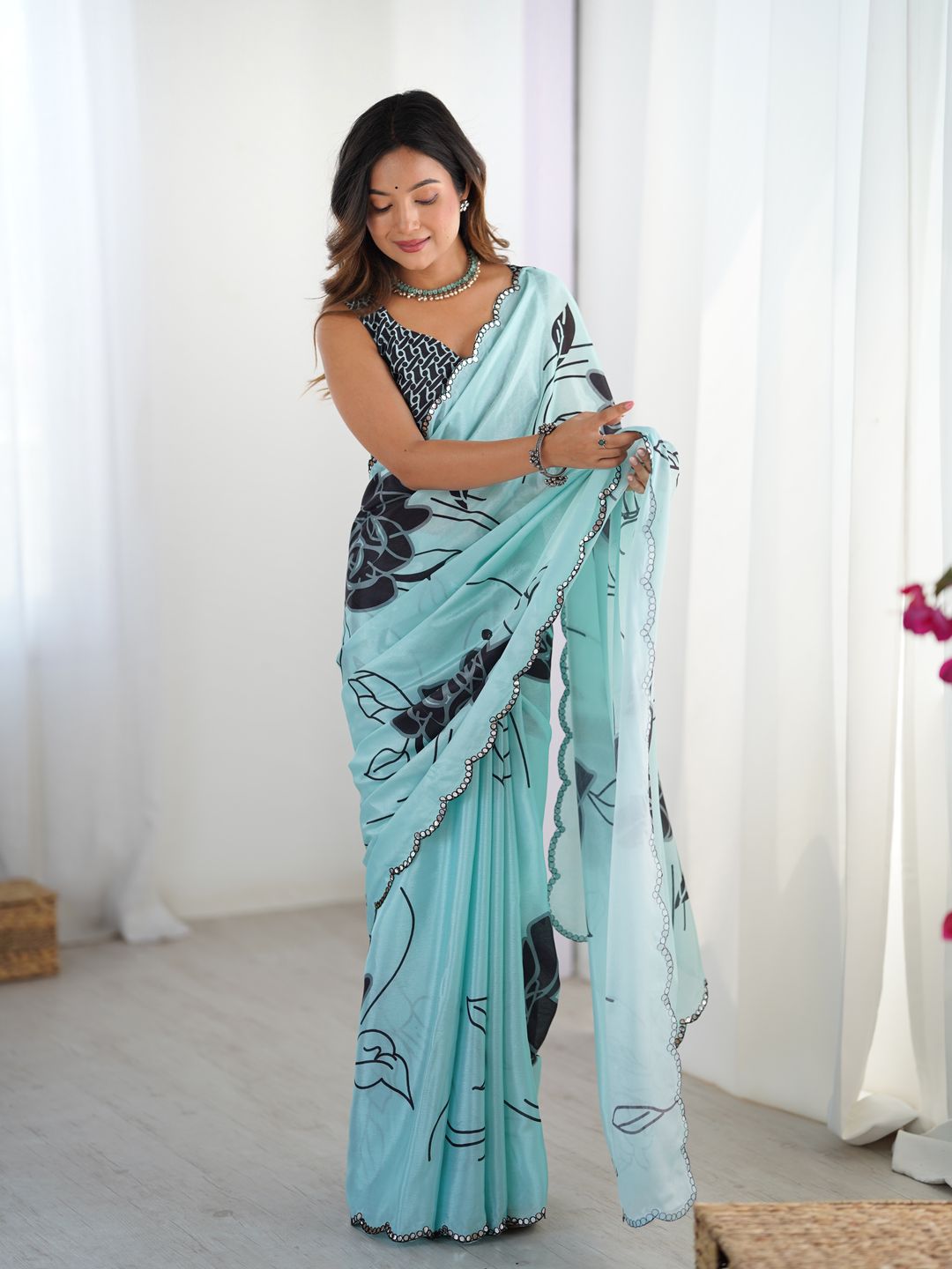 Elegant Mint Green Saree with Kutchi Mirror Lace