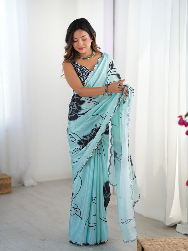 Elegant Mint Green Saree with Kutchi Mirror Lace