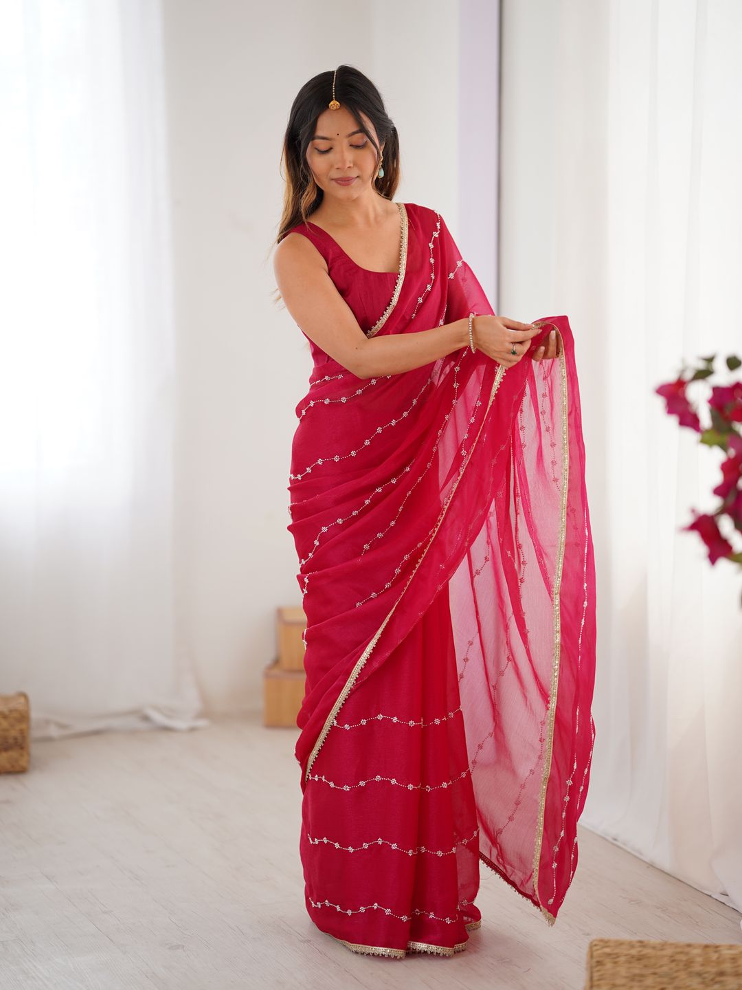 Rani Pink Heavy Smooth Sitara Saree with Sequin Embroidery
