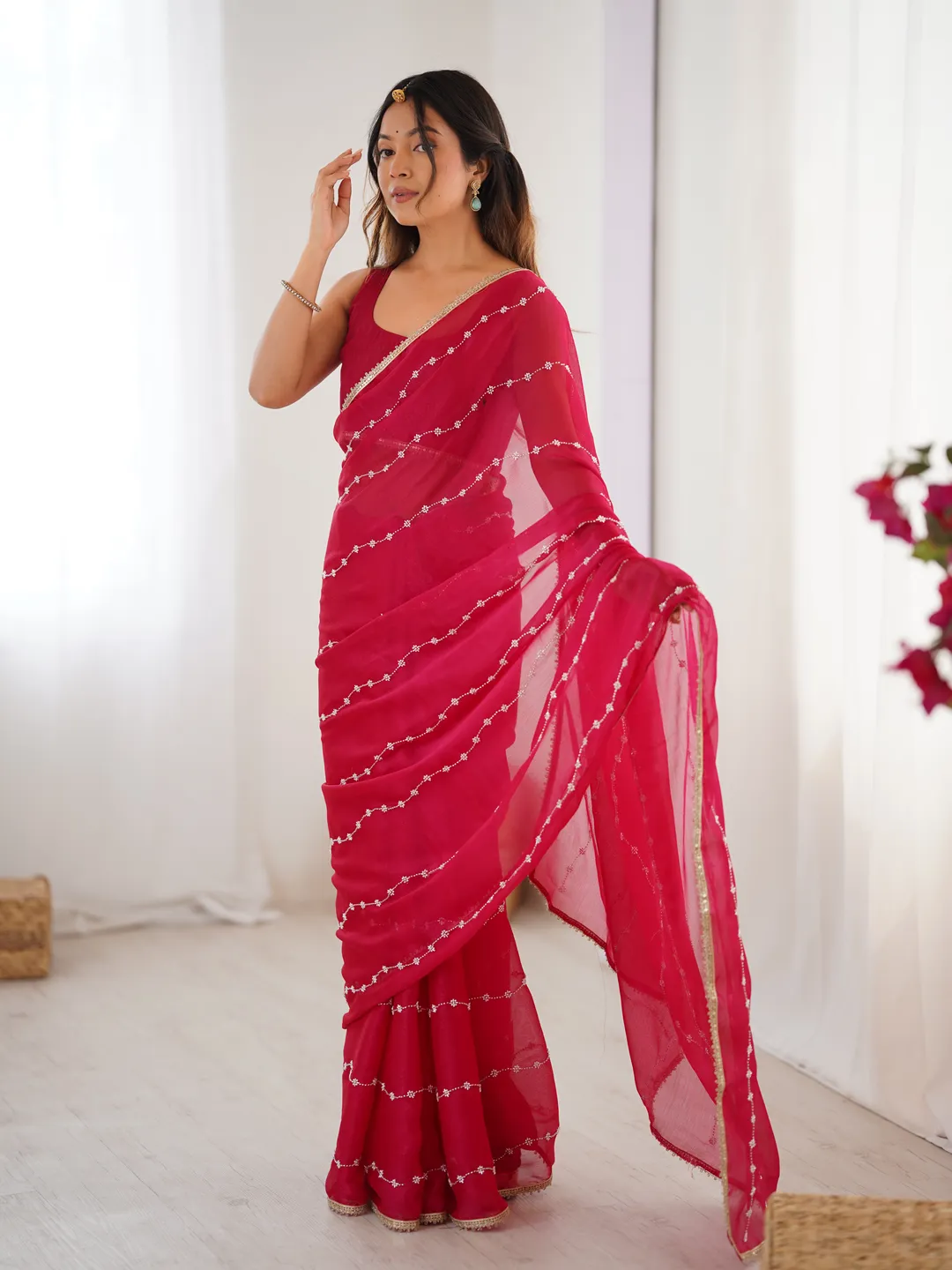 Rani Pink Heavy Smooth Sitara Saree with Sequin Embroidery