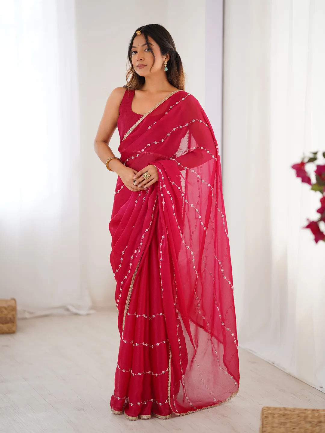 Rani Pink Heavy Smooth Sitara Saree with Sequin Embroidery