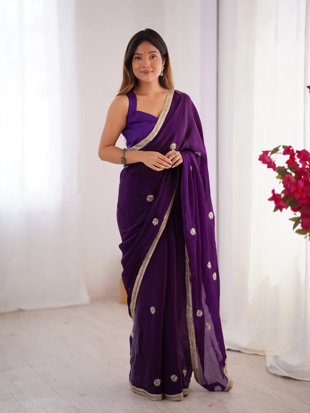 Purple Wedding Wear Embroidered Saree