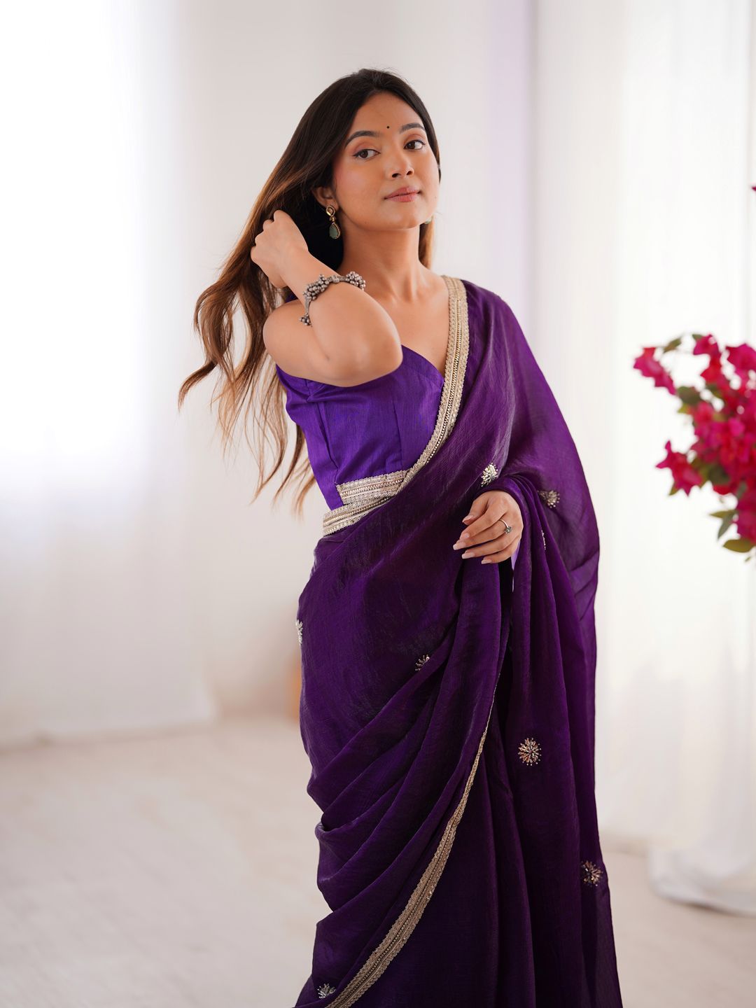 Purple Wedding Wear Embroidered Saree
