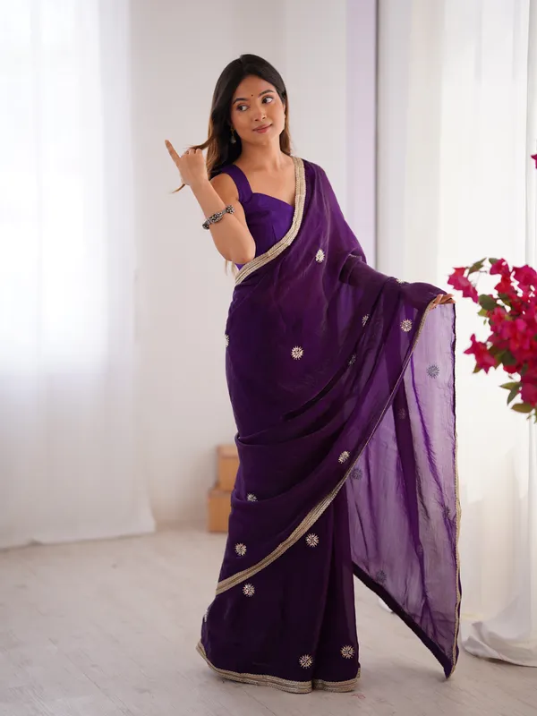 Purple Wedding Wear Embroidered Saree