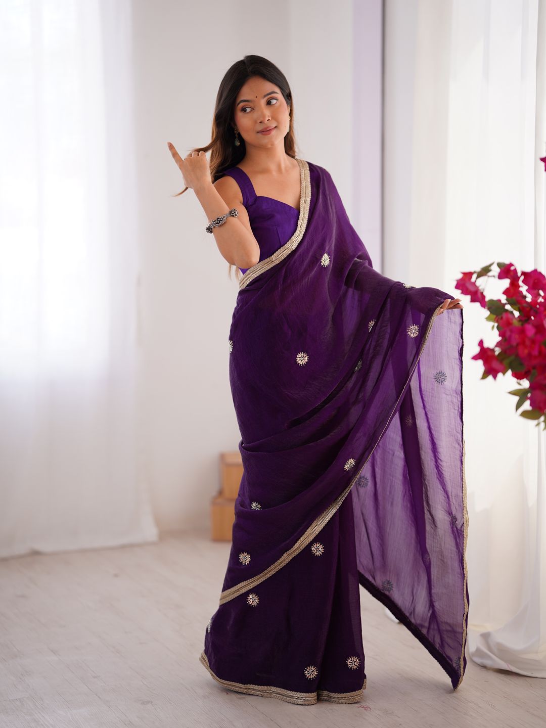 Purple Wedding Wear Embroidered Saree
