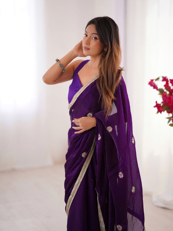 Purple Wedding Wear Embroidered Saree