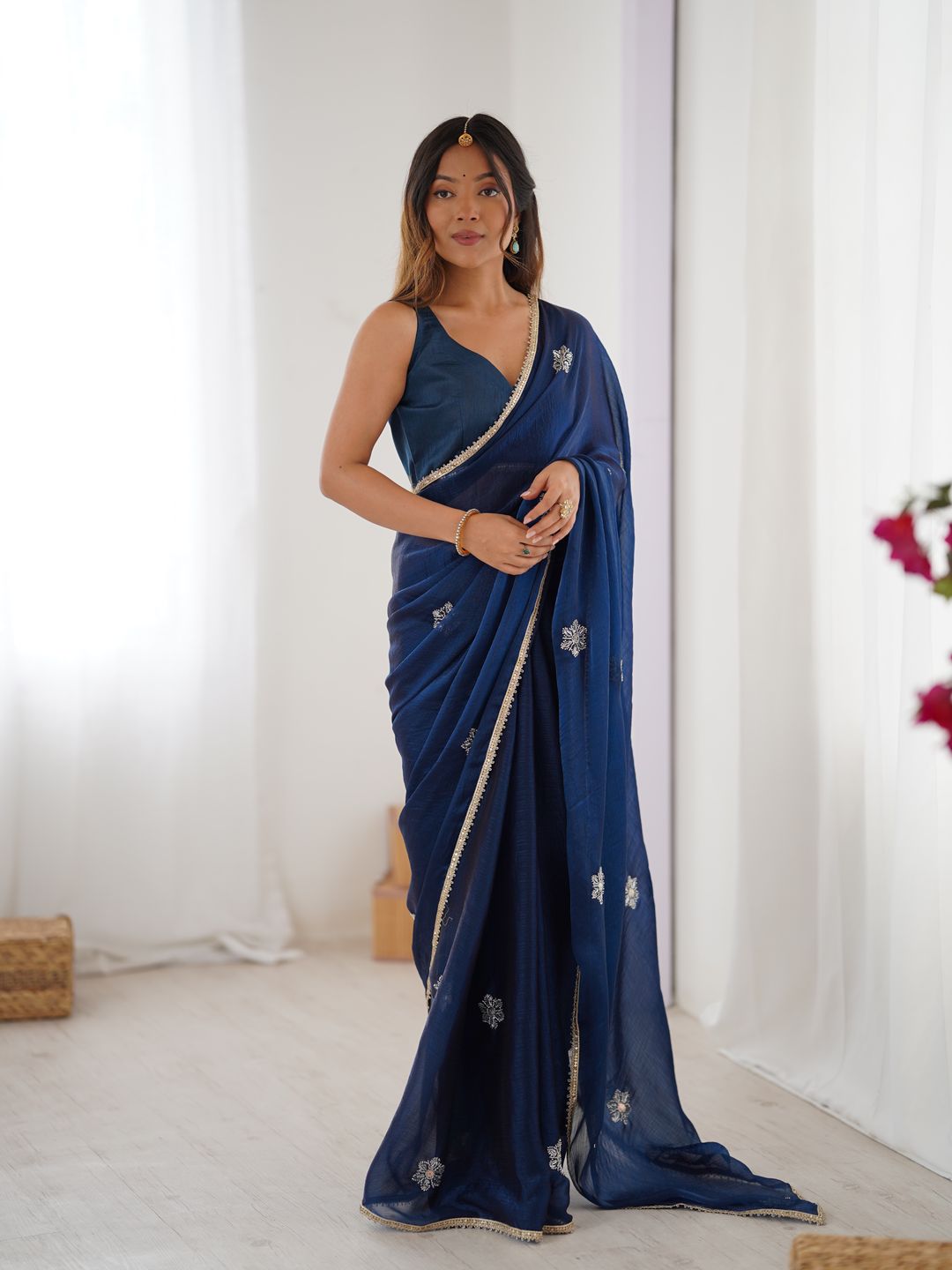 Premium Navy Blue Fancy Saree with Blouse