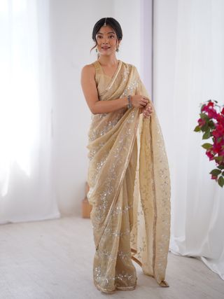 Golden Glow Gold Crush Embroidered Party Wear Saree for Women