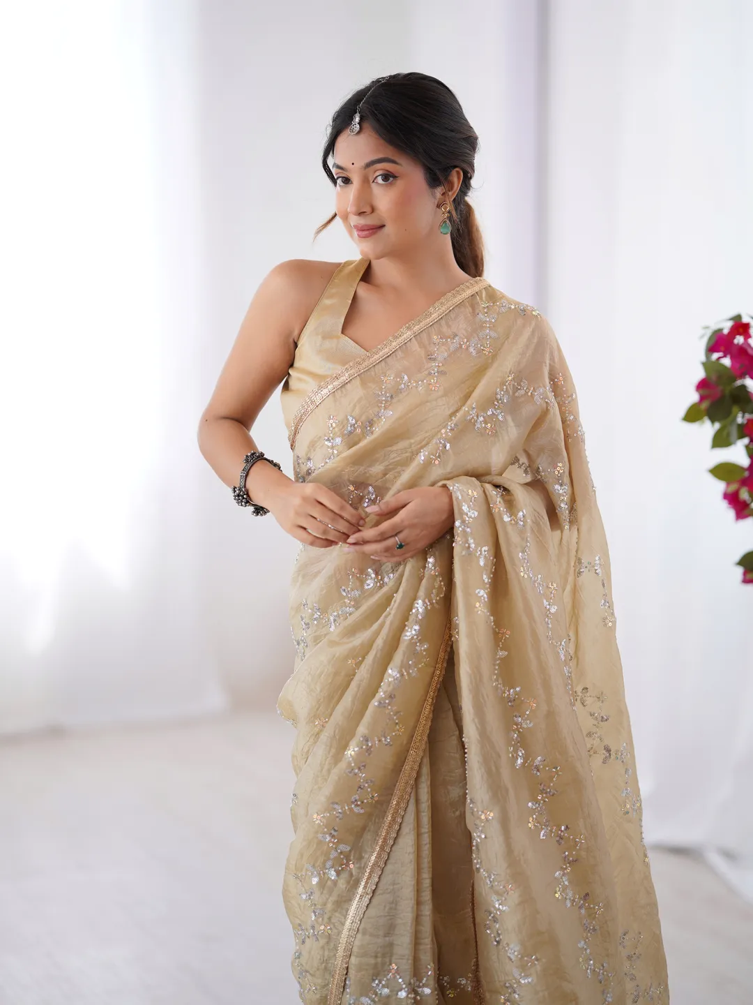 Golden Glow Gold Crush Embroidered Party Wear Saree for Women