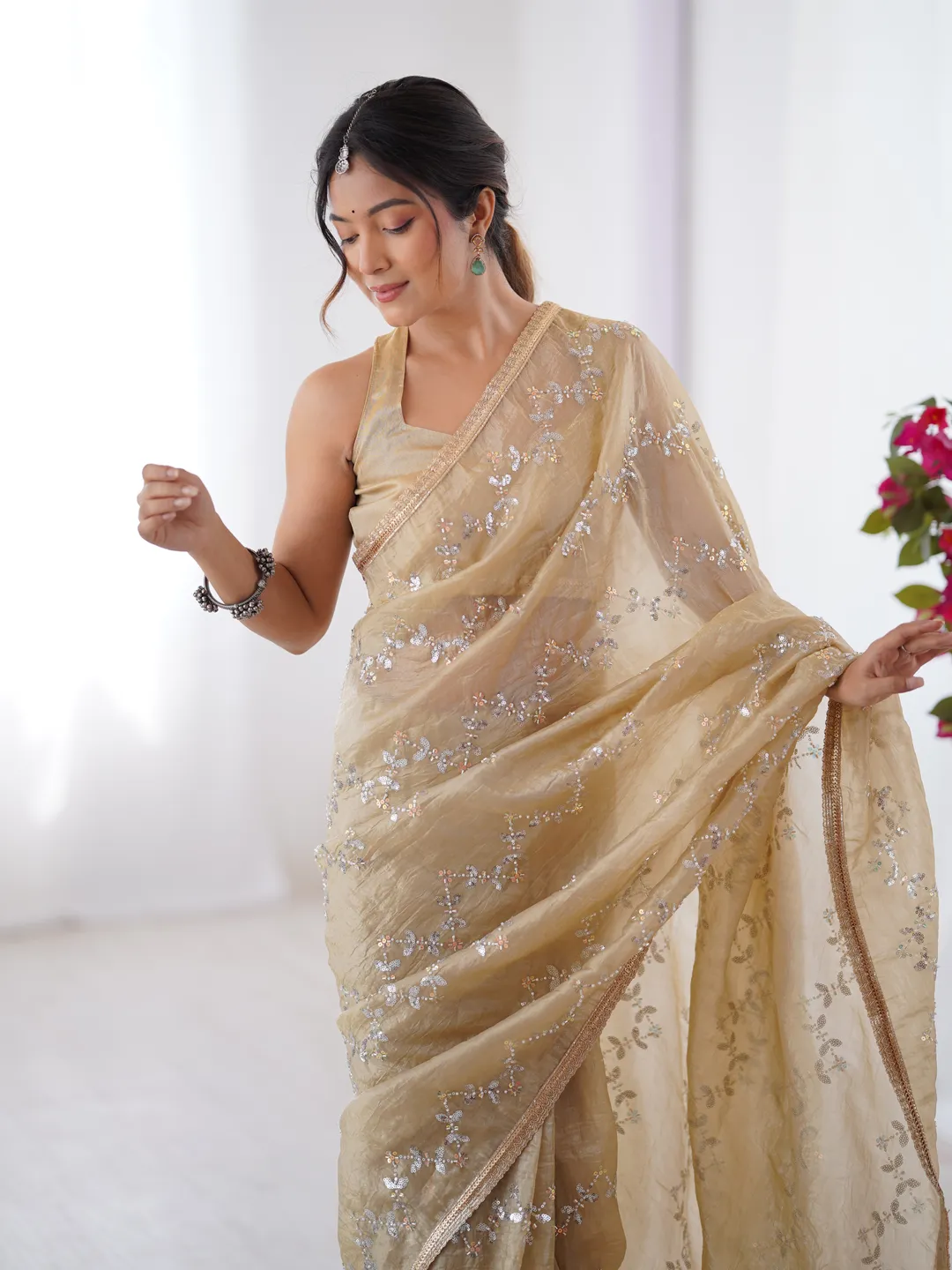 Golden Glow Gold Crush Embroidered Party Wear Saree for Women