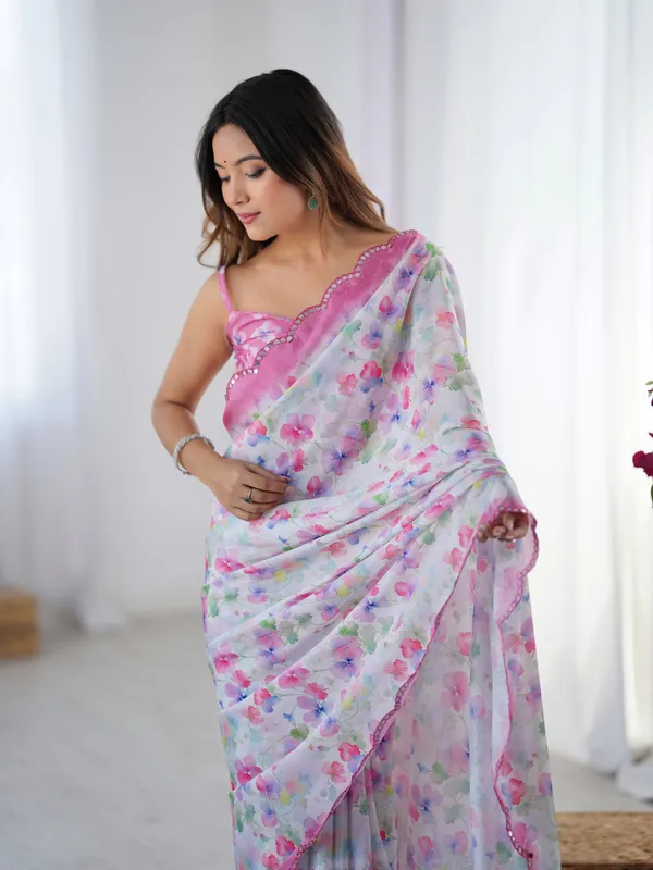 Designer Heavy Chinnon Saree with Kutchi Mirror Lace