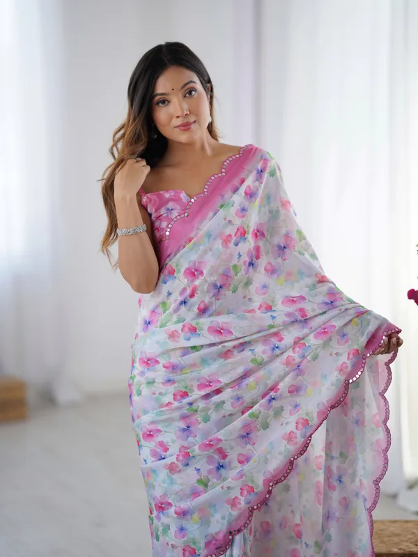 Designer Heavy Chinnon Saree with Kutchi Mirror Lace