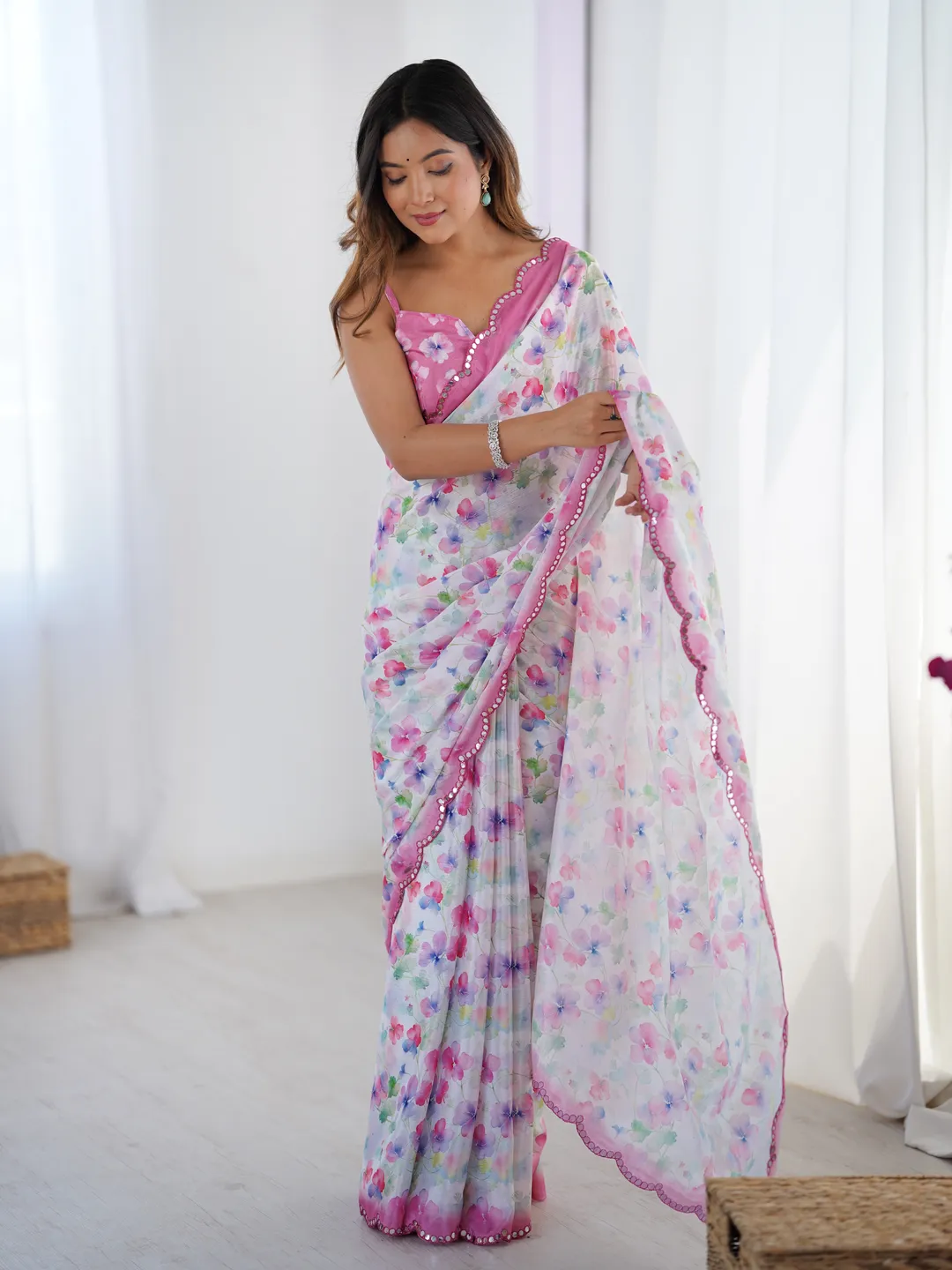 Designer Heavy Chinnon Saree with Kutchi Mirror Lace