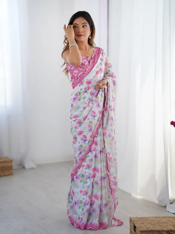 Designer Heavy Chinnon Saree with Kutchi Mirror Lace