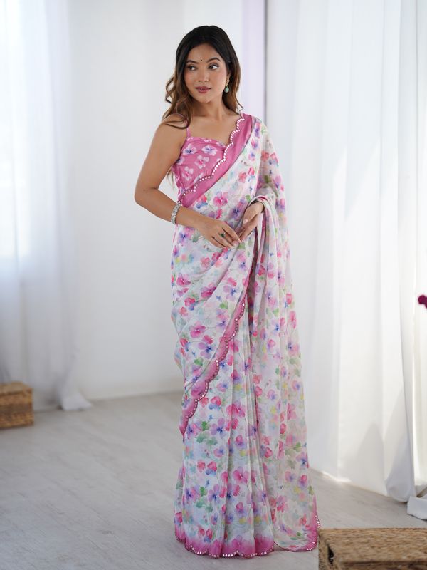 Designer Heavy Chinnon Saree with Kutchi Mirror Lace