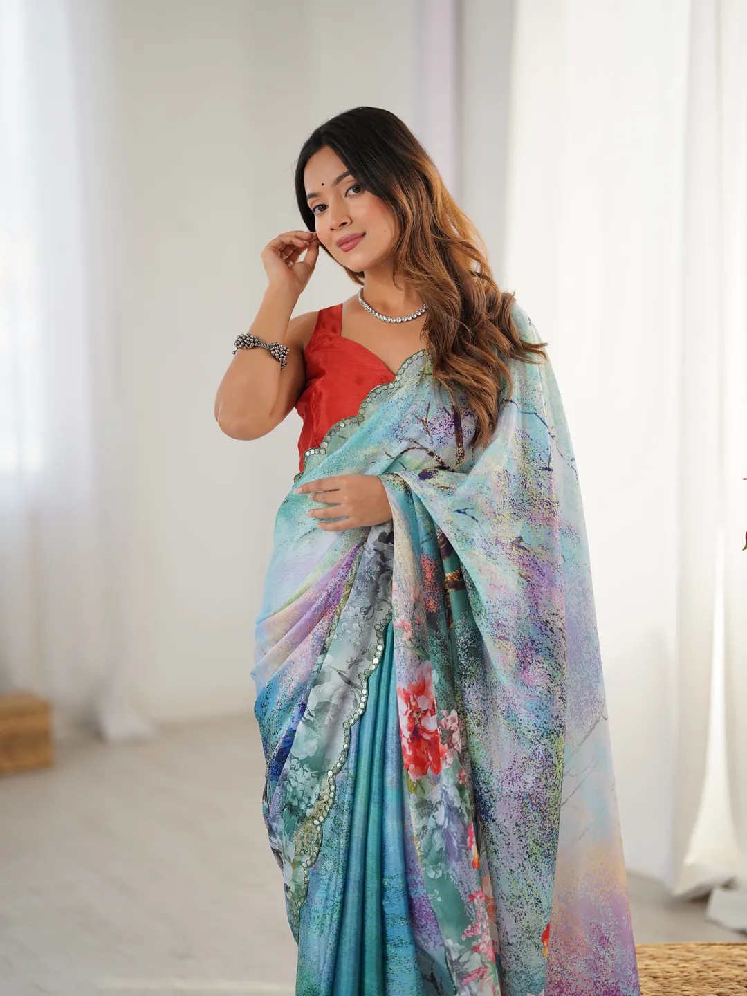 Elegant Aqua Blue Floral Saree with Mirror Lace