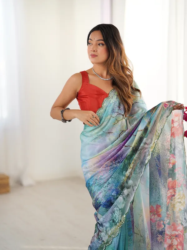 Elegant Aqua Blue Floral Saree with Mirror Lace