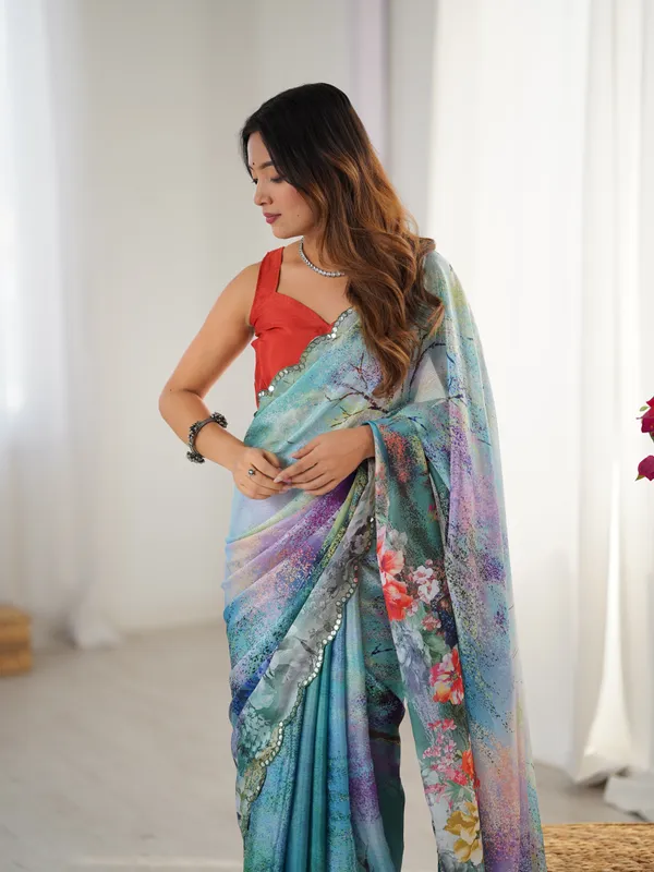 Elegant Aqua Blue Floral Saree with Mirror Lace