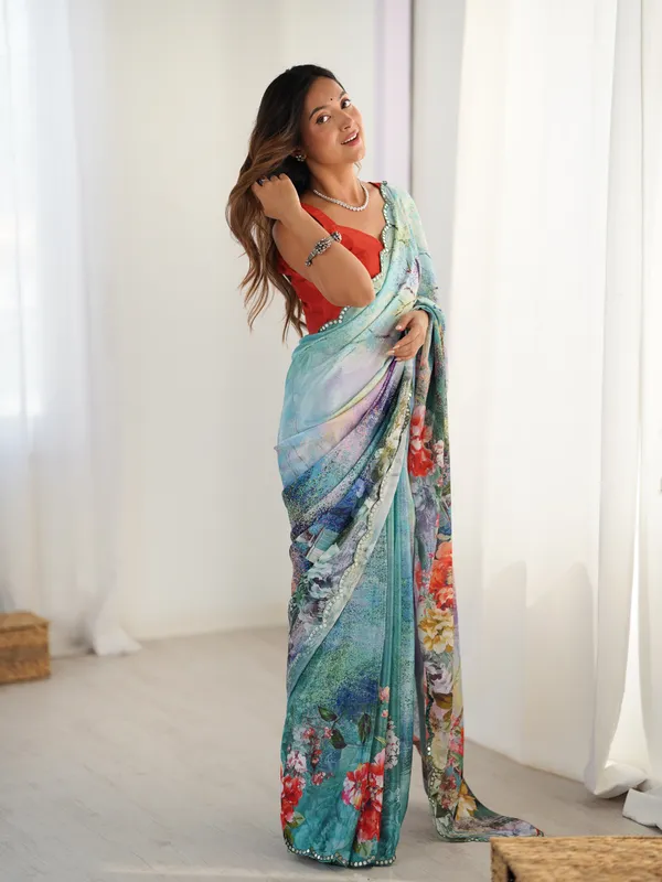 Elegant Aqua Blue Floral Saree with Mirror Lace