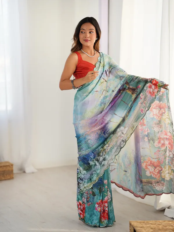 Elegant Aqua Blue Floral Saree with Mirror Lace