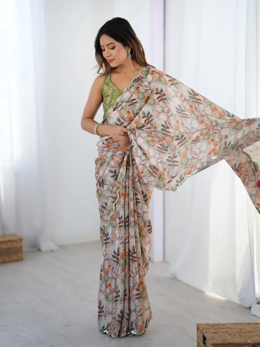 Elegant Beige Printed Chinnon Saree with Blouse