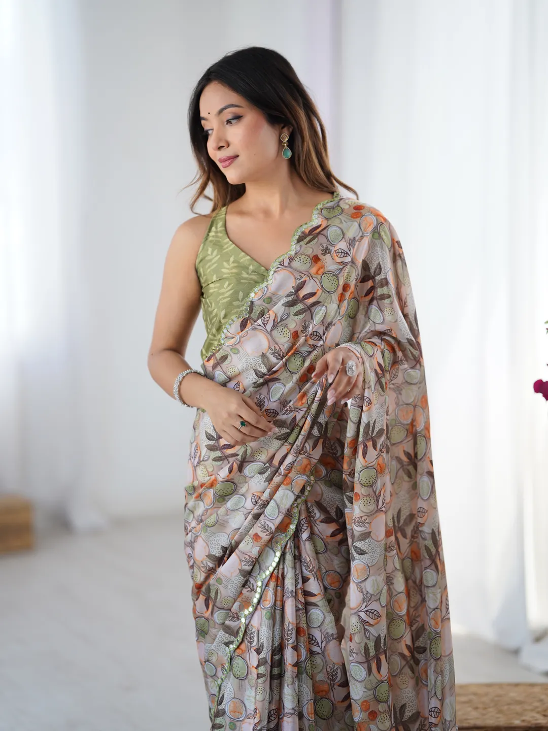 Elegant Beige Printed Chinnon Saree with Blouse