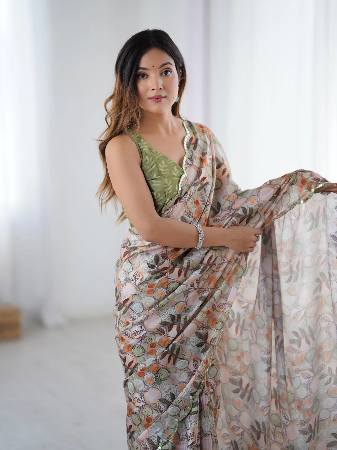Elegant Beige Printed Chinnon Saree with Blouse