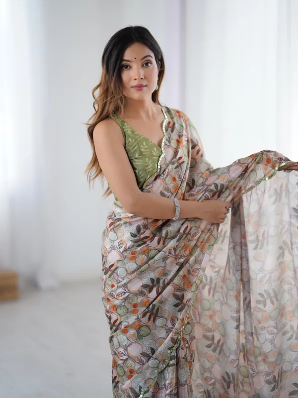 Elegant Beige Printed Chinnon Saree with Blouse