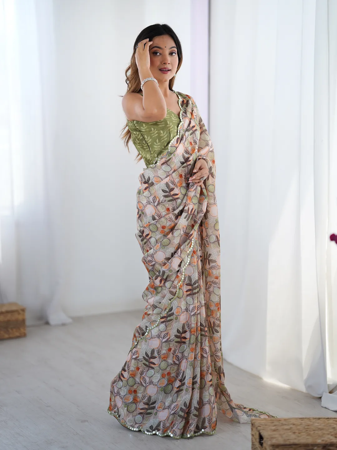 Elegant Beige Printed Chinnon Saree with Blouse