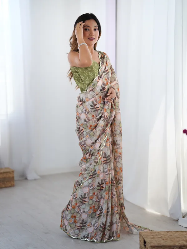 Elegant Beige Printed Chinnon Saree with Blouse