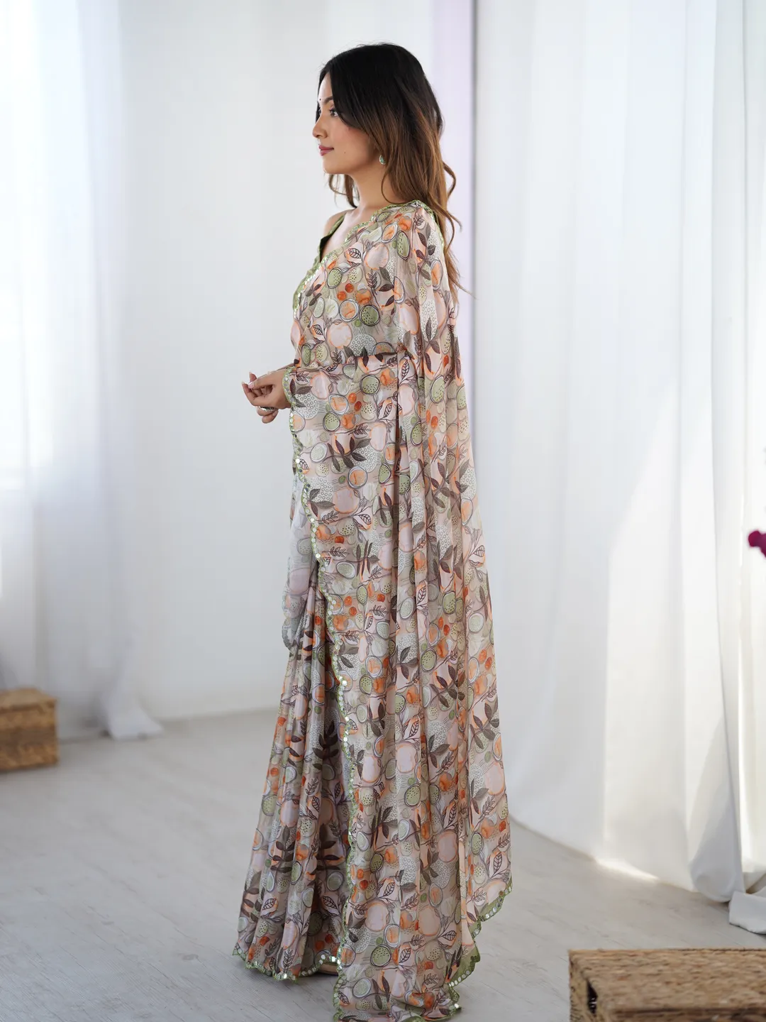 Elegant Beige Printed Chinnon Saree with Blouse
