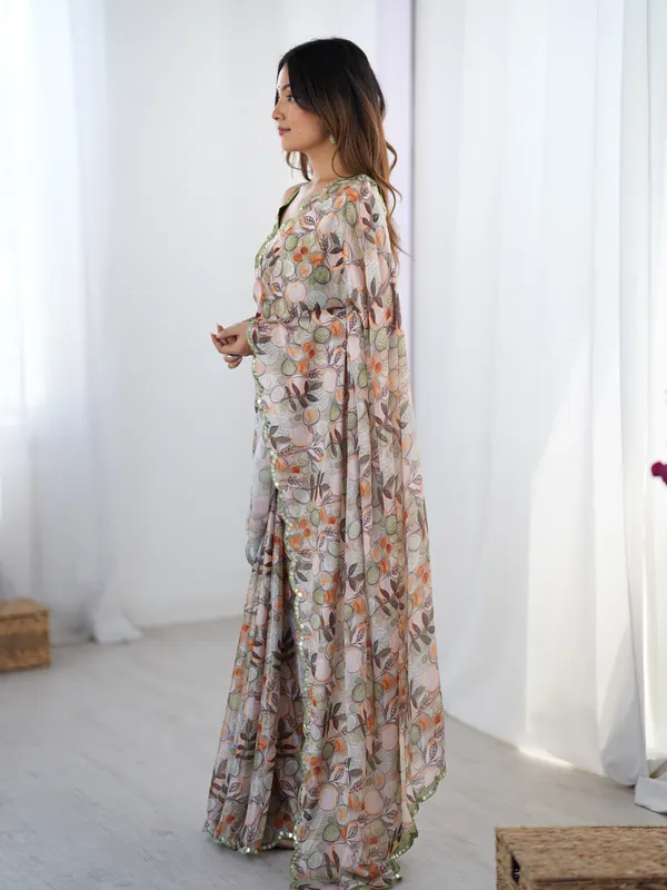 Elegant Beige Printed Chinnon Saree with Blouse