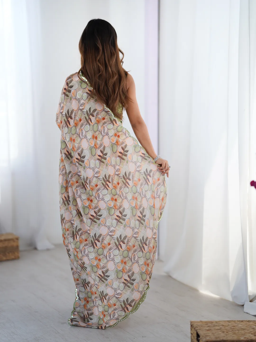 Elegant Beige Printed Chinnon Saree with Blouse